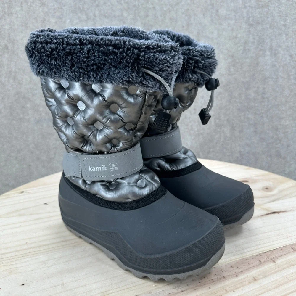 Kamik Kids Penny 3 Winter Boots Metallic Silver Quilted Snow Boots 2 Faux Fur